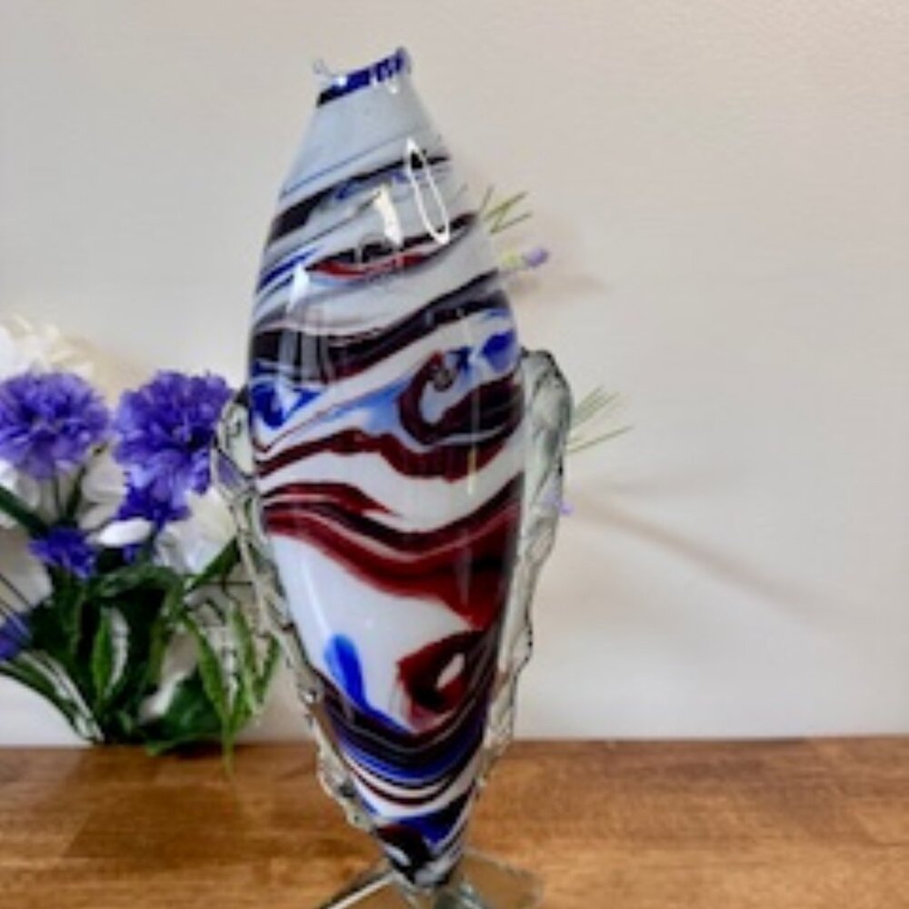 Vintage Murano Glass Fish Sculpture Red Blue White Swirl Art Deco Style Figurine